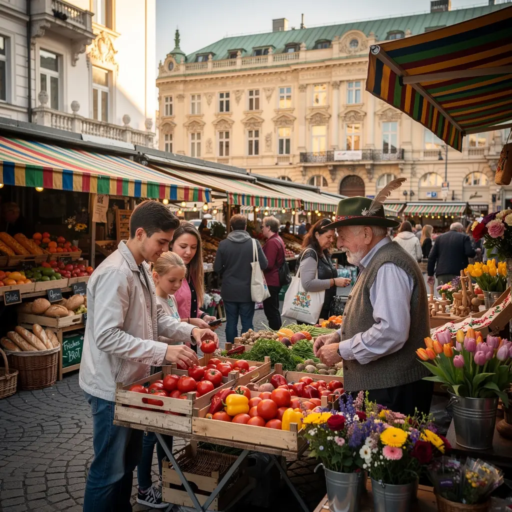 Eine panoramic Aufnahme der berühmten Ringstraße, die prächtige Architektur und lebhaftes Stadtleben zeigt.