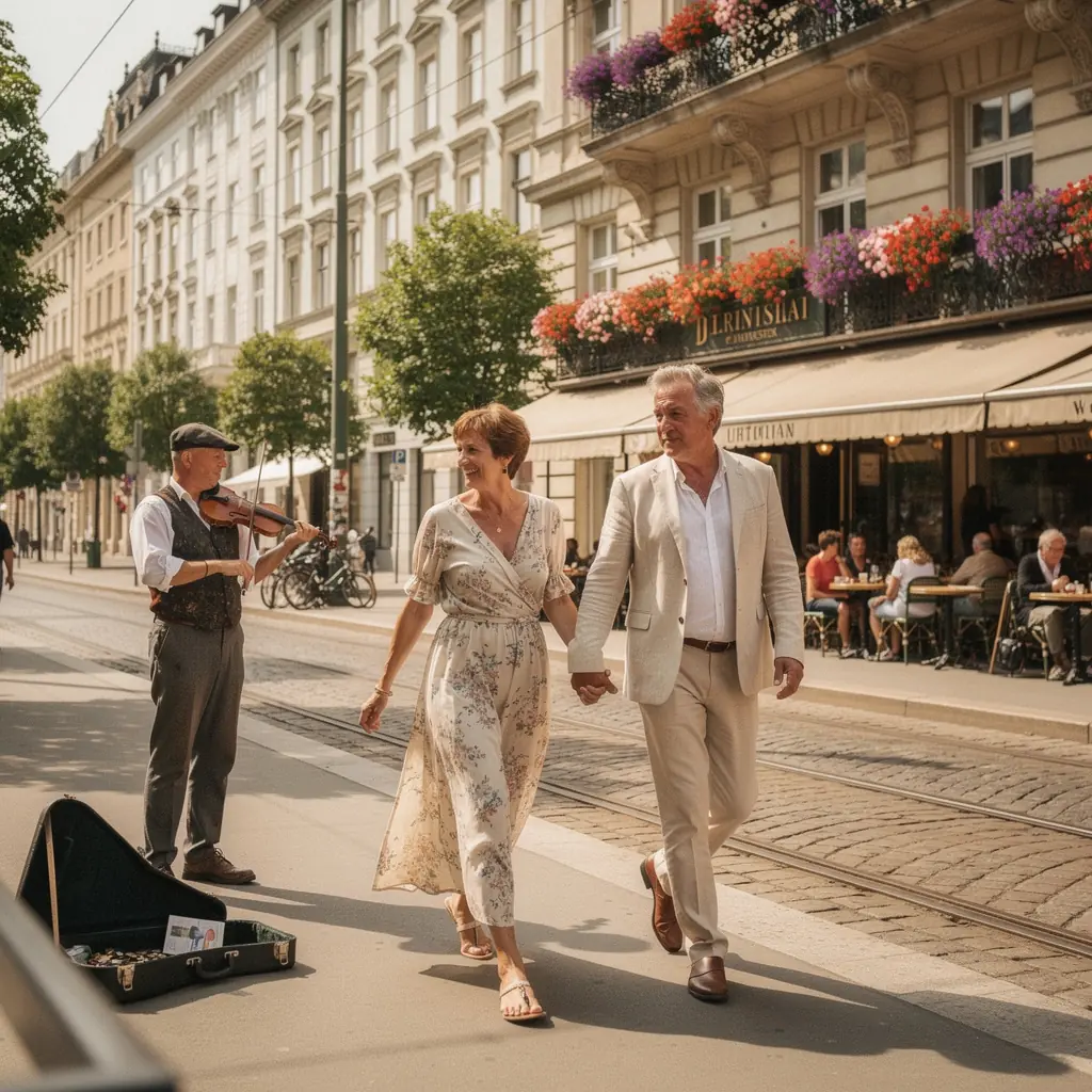 Eine elegante Fassade eines historischen Gebäudes entlang des Wiener Ringboulevards, umgeben von grünen Bäumen.